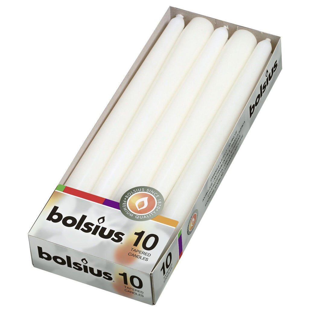Boîte de 10 bougies coniques - Hauteur 24,5 cm - Diamètre 2,4 cm - Blanches