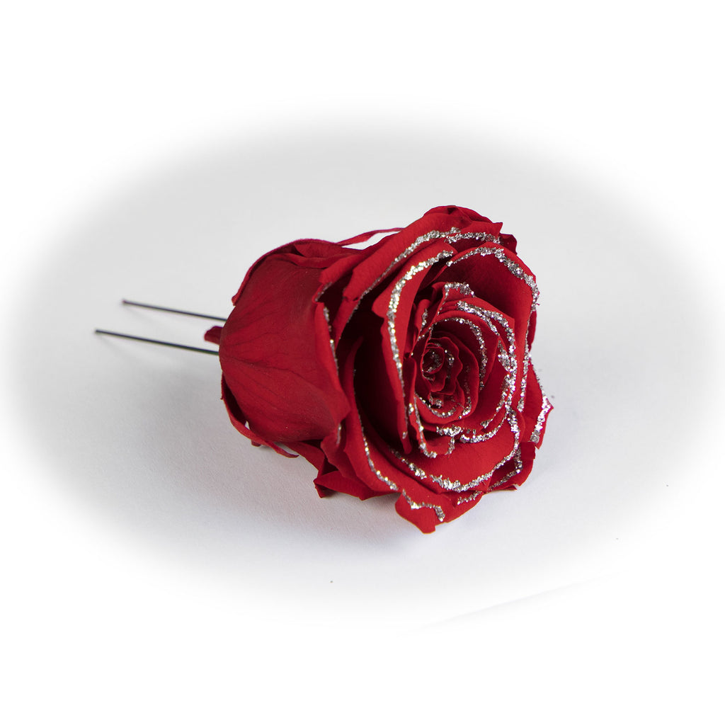 Lot de 6 roses rouges à bordure pailletée, véritables ornements de sapin de Noël faits main.