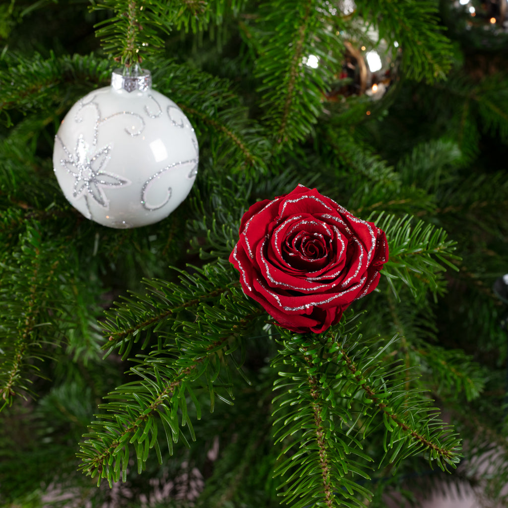 Lot de 6 roses rouges à bordure pailletée, véritables ornements de sapin de Noël faits main.