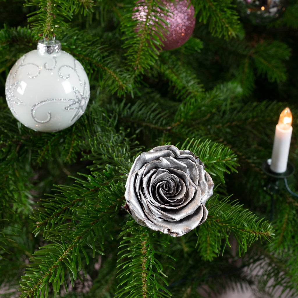 6er-Pack handgefertigte echte Christbaumschmuck-Rosen silber lackiert
