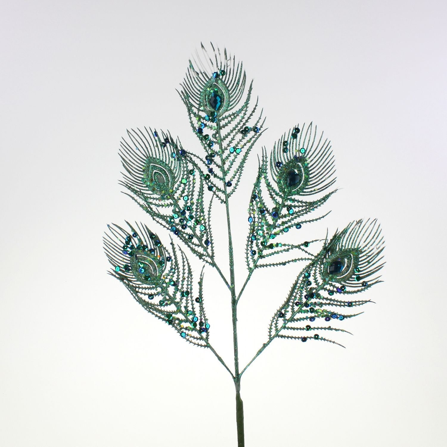 Decorative peacock feather branch, green, plastic/paper/metal, L. 70 cm
