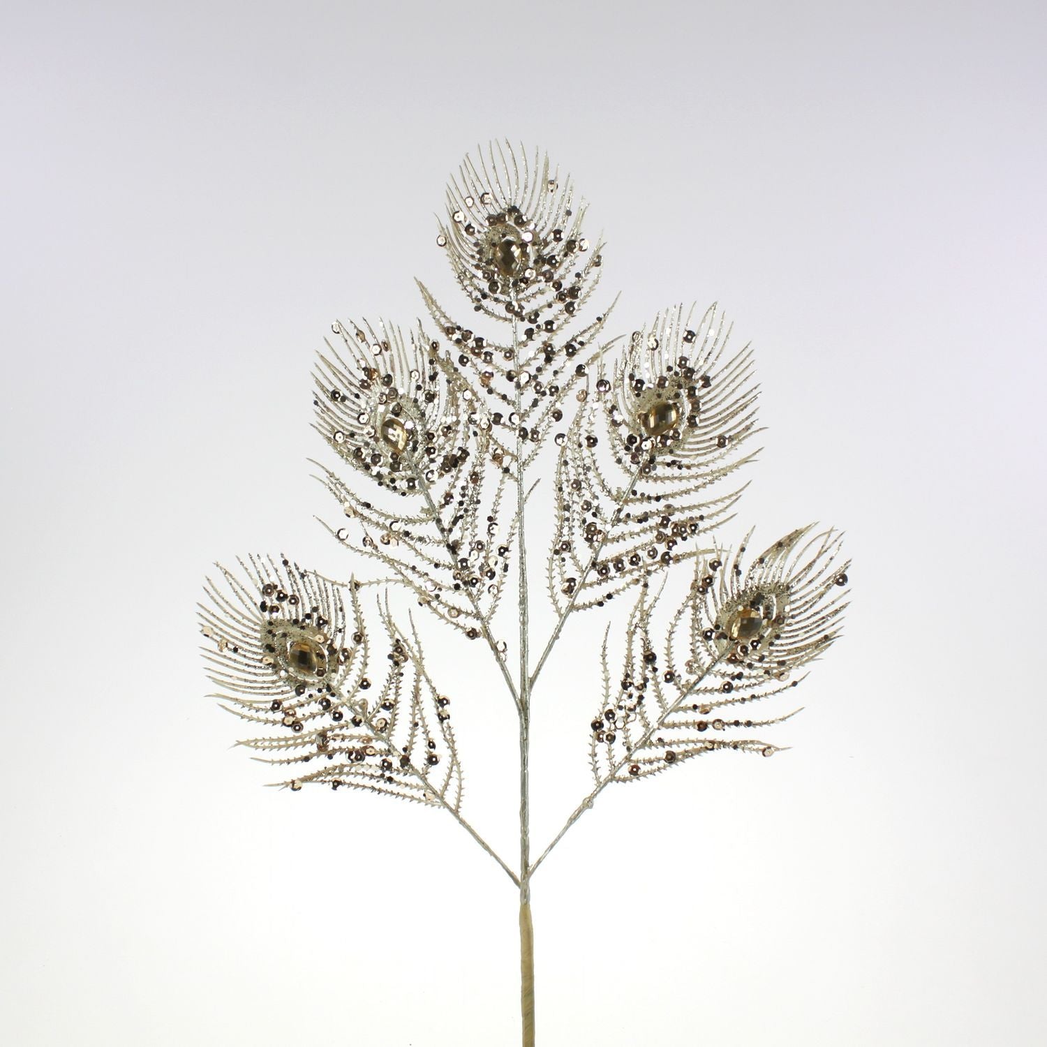 Decorative peacock feather branch, champagne-colored plastic/paper/metal, L. 70 cm
