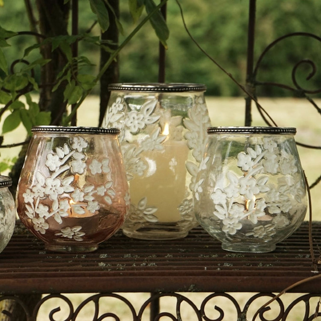 Windlicht Sakura - klar/weiß - Glas/Metall - 15,5x18,5 cm