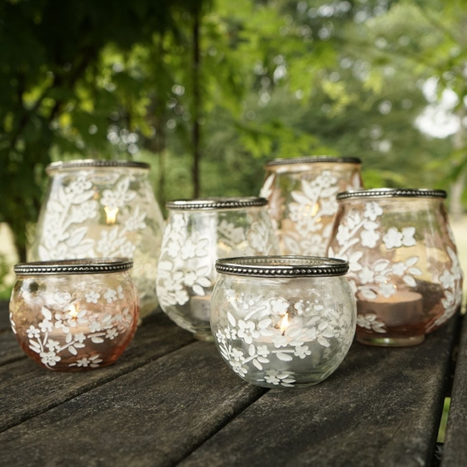 Windlicht Sakura - klar/weiß - Glas/Metall - 15,5x18,5 cm