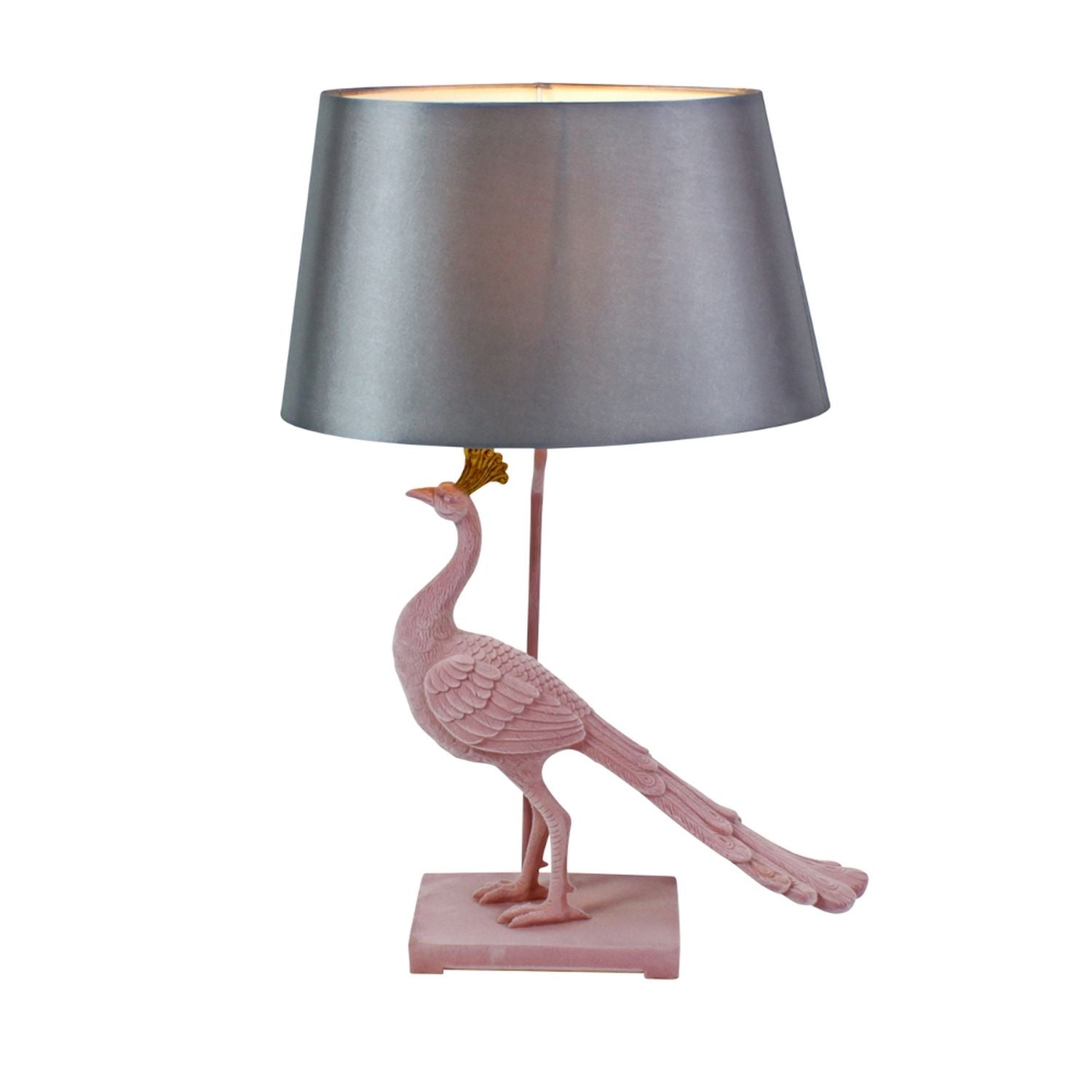 Lampe de table Rosita Paon, revêtement floqué rose/gris, polyrésine, 51 x 25,5 x 62 cm, douille E27, 230-240 V, puissance maximale 60 W, câble de 2 m
