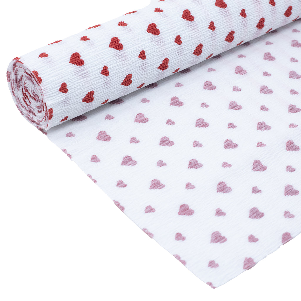 Papier crépon de qualité supérieure pour jardinier et fleuriste - 50 x 250 cm - blanc à cœurs rouges - imperméable et résistant à la lumière