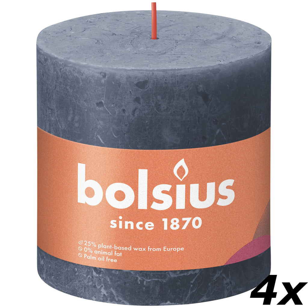 Lot de 4 bougies piliers - Hauteur 10 cm - Diamètre 10 cm - Style rustique - Bleu hortensia