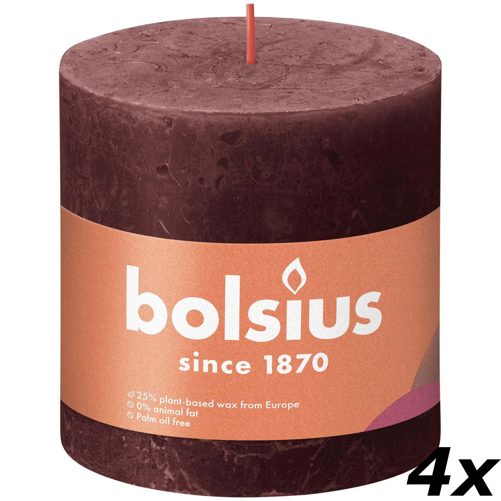 4er-Set Stumpenkerze - Höhe 10 cm - Durchmesser 10 cm - Rustik - Samtrot