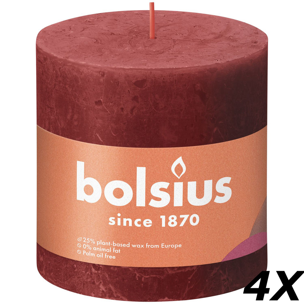 4er-Set Stumpenkerze - Höhe 10 cm - Durchmesser 10 cm - Rustik - Zartes Rot