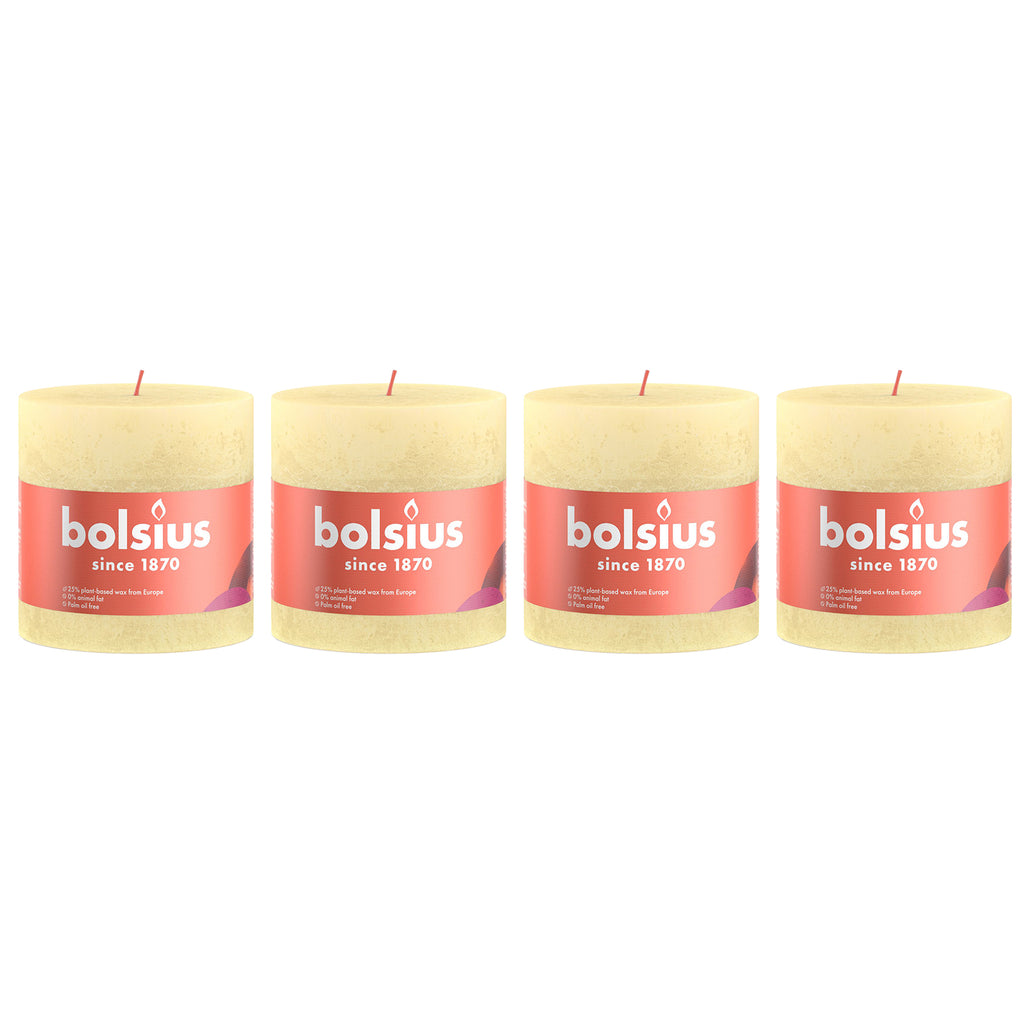 Lot de 4 bougies piliers - Hauteur 10 cm - Diamètre 10 cm - Style rustique - Jaune beurre