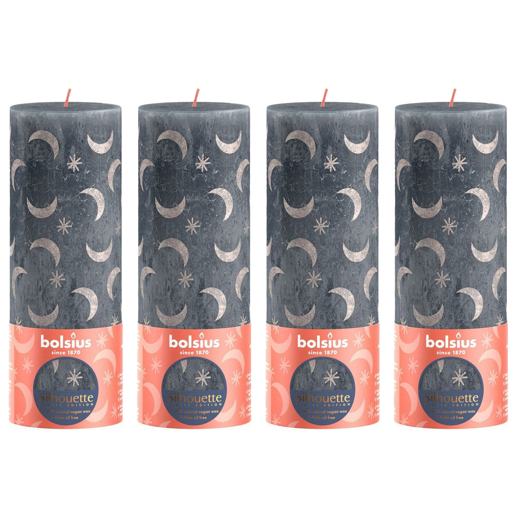 Lot de 4 bougies piliers - Hauteur 19 cm - Diamètre 6,8 cm - Motif rustique - Bleu ardoise - Motif lune et étoiles