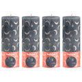 Lot de 4 bougies piliers - Hauteur 19 cm - Diamètre 6,8 cm - Motif rustique - Bleu ardoise - Motif lune et étoiles