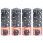 Lot de 4 bougies piliers - Hauteur 19 cm - Diamètre 6,8 cm - Motif rustique - Bleu ardoise - Motif lune et étoiles