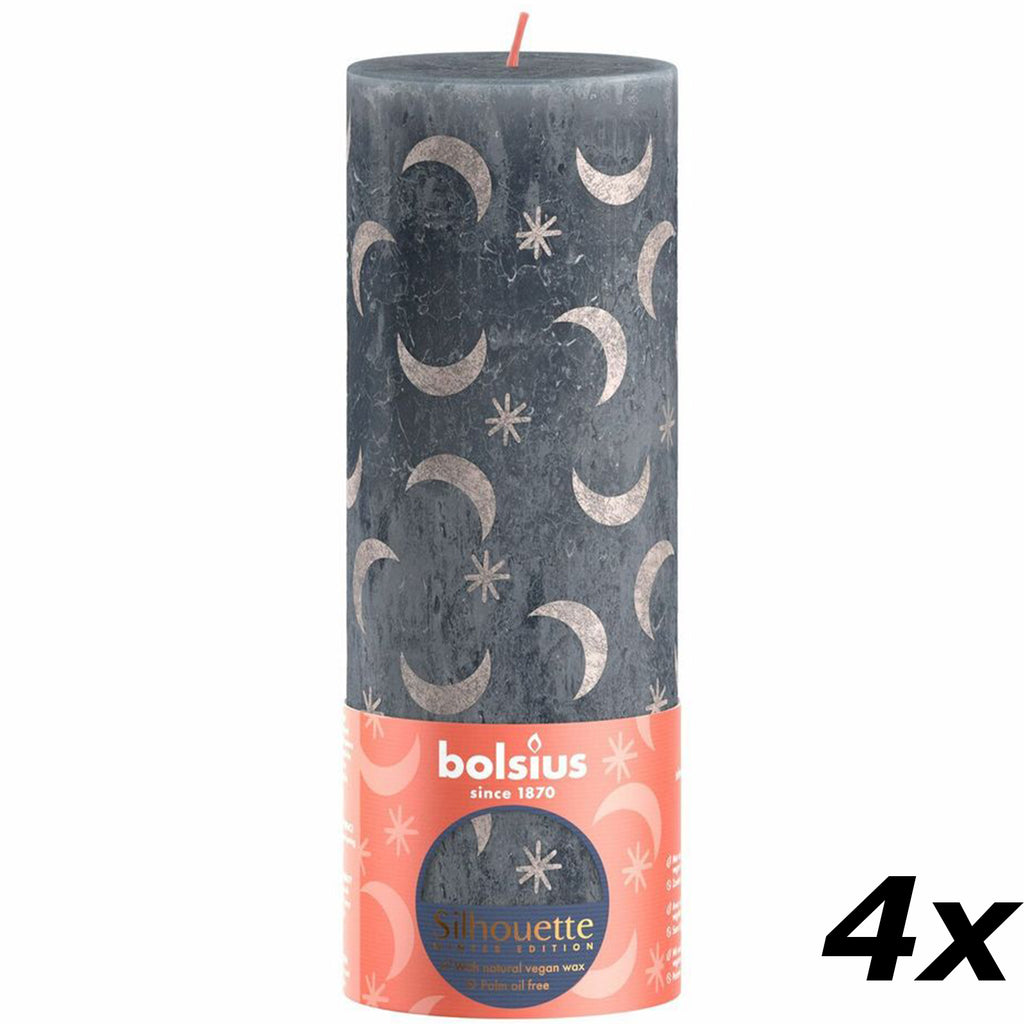 Lot de 4 bougies piliers - Hauteur 19 cm - Diamètre 6,8 cm - Motif rustique - Bleu ardoise - Motif lune et étoiles