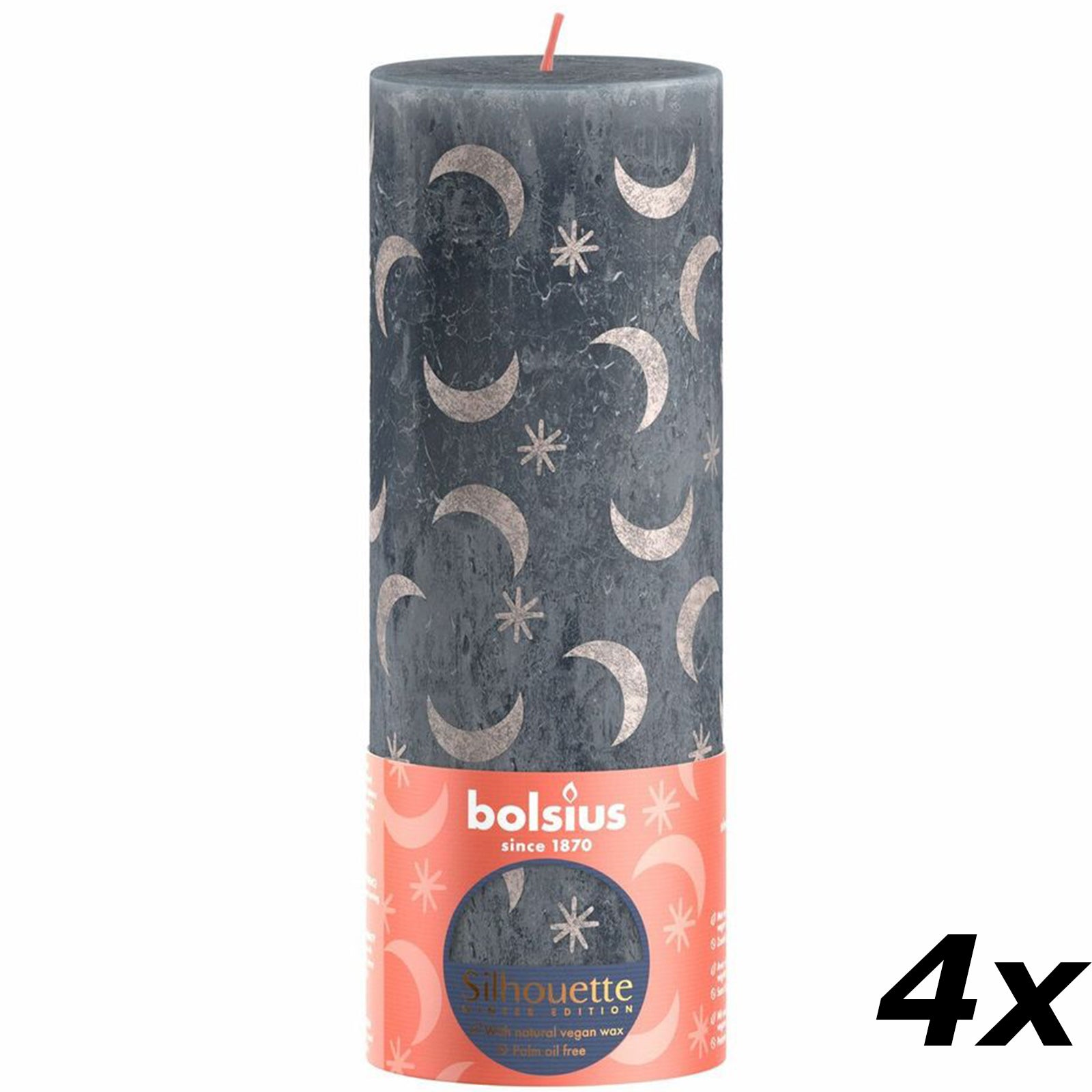 Lot de 4 bougies piliers - Hauteur 19 cm - Diamètre 6,8 cm - Motif rustique - Bleu ardoise - Motif lune et étoiles