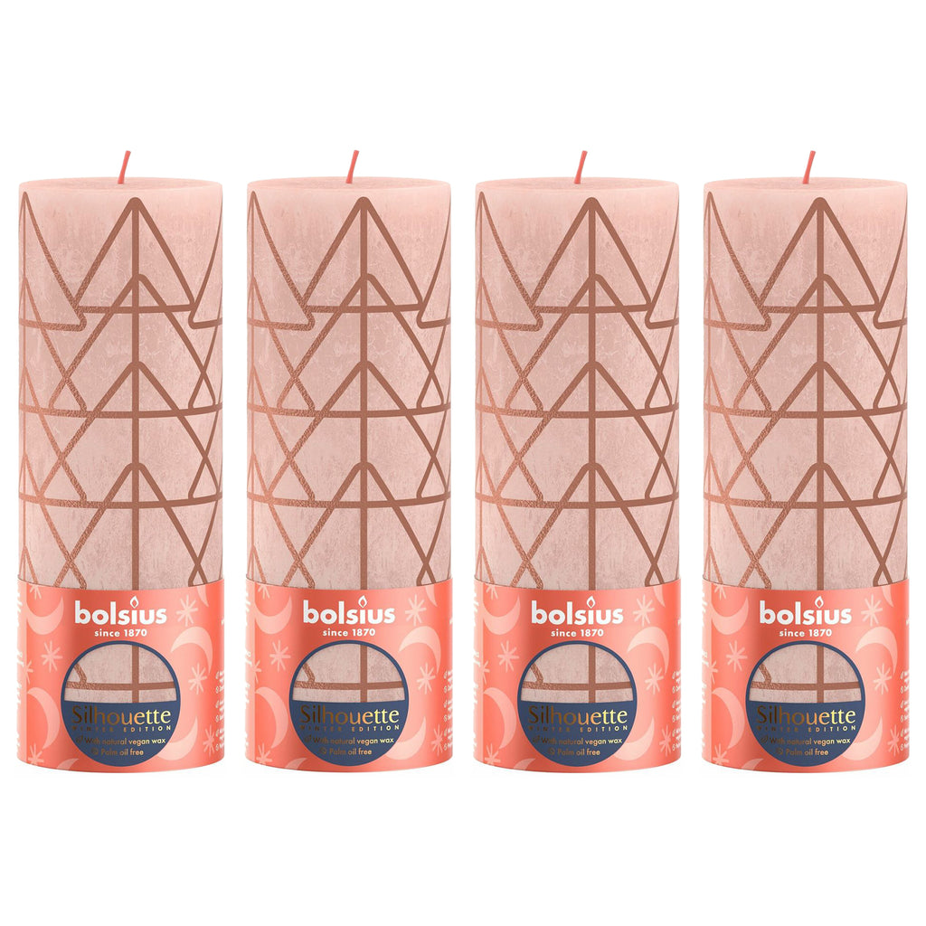 4er-Set Stumpenkerze - Höhe 19 cm - Durchmesser 6,8 cm - Rustik Print - Nebliges Rosa