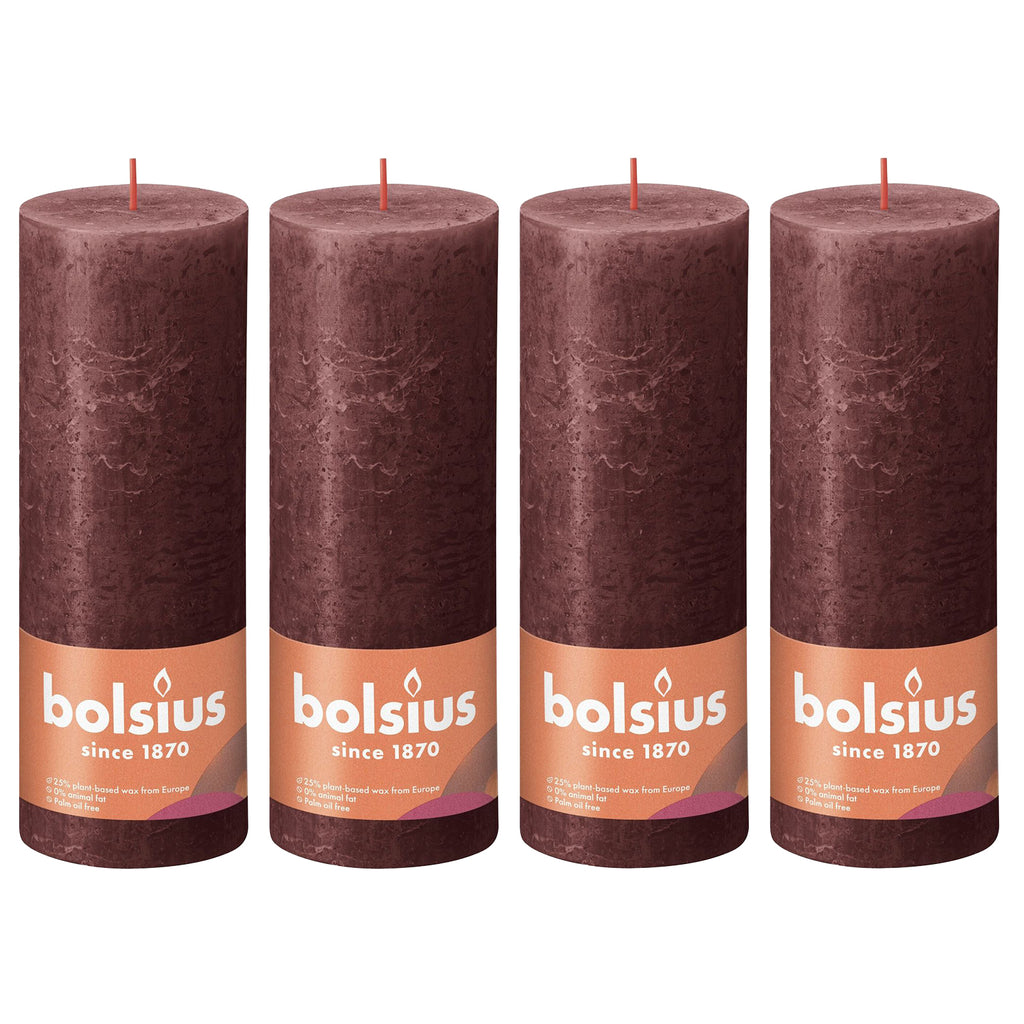 4er-Set Stumpenkerze - Höhe 19 cm - Durchmesser 6,8 cm - Rustik - Samtrot