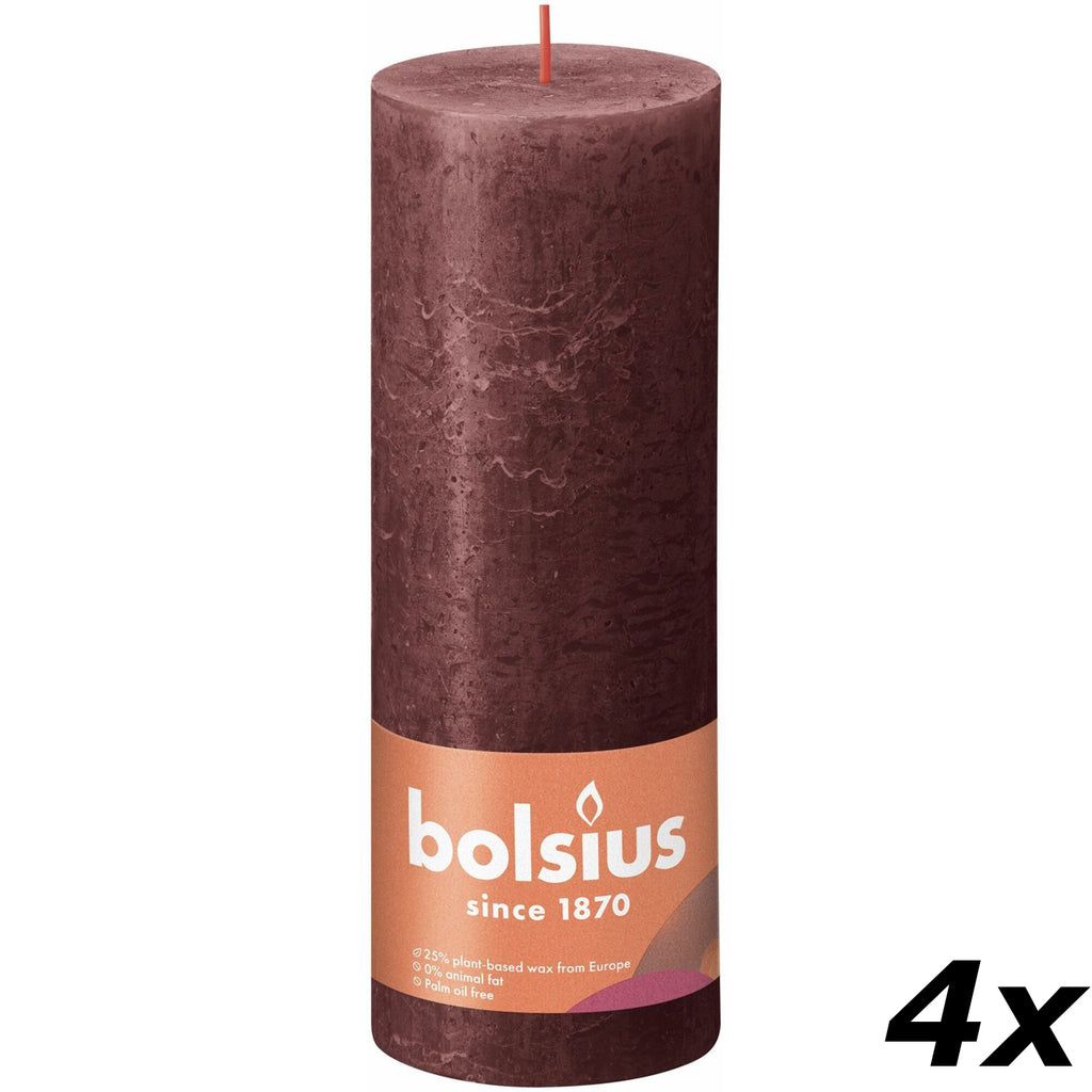 Ensemble de 4 bougies piliers - Hauteur 19 cm - Diamètre 6,8 cm - Style rustique - Rouge velours