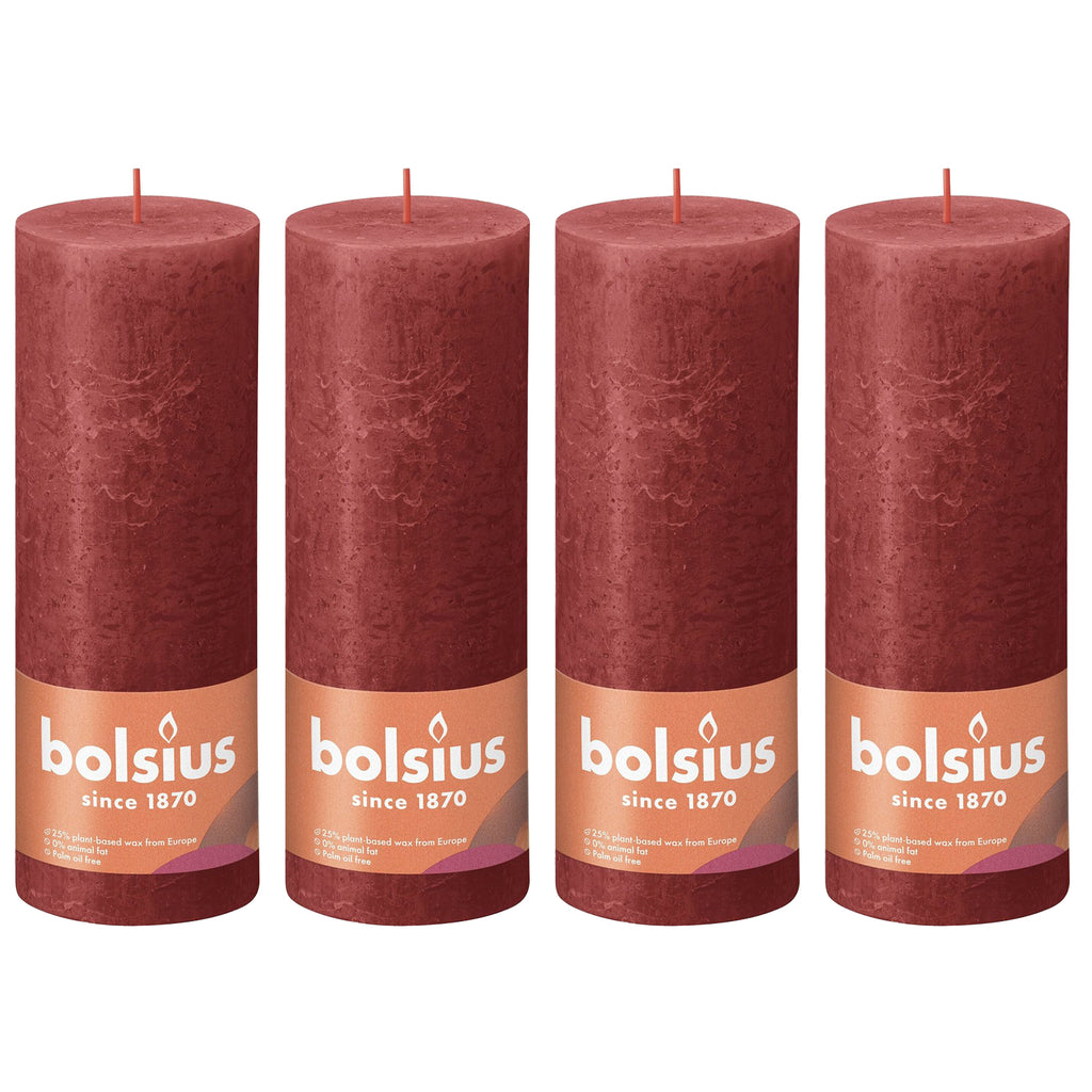 4er-Set Stumpenkerze - Höhe 19 cm - Durchmesser 6,8 cm - Rustik - Zartes Rot