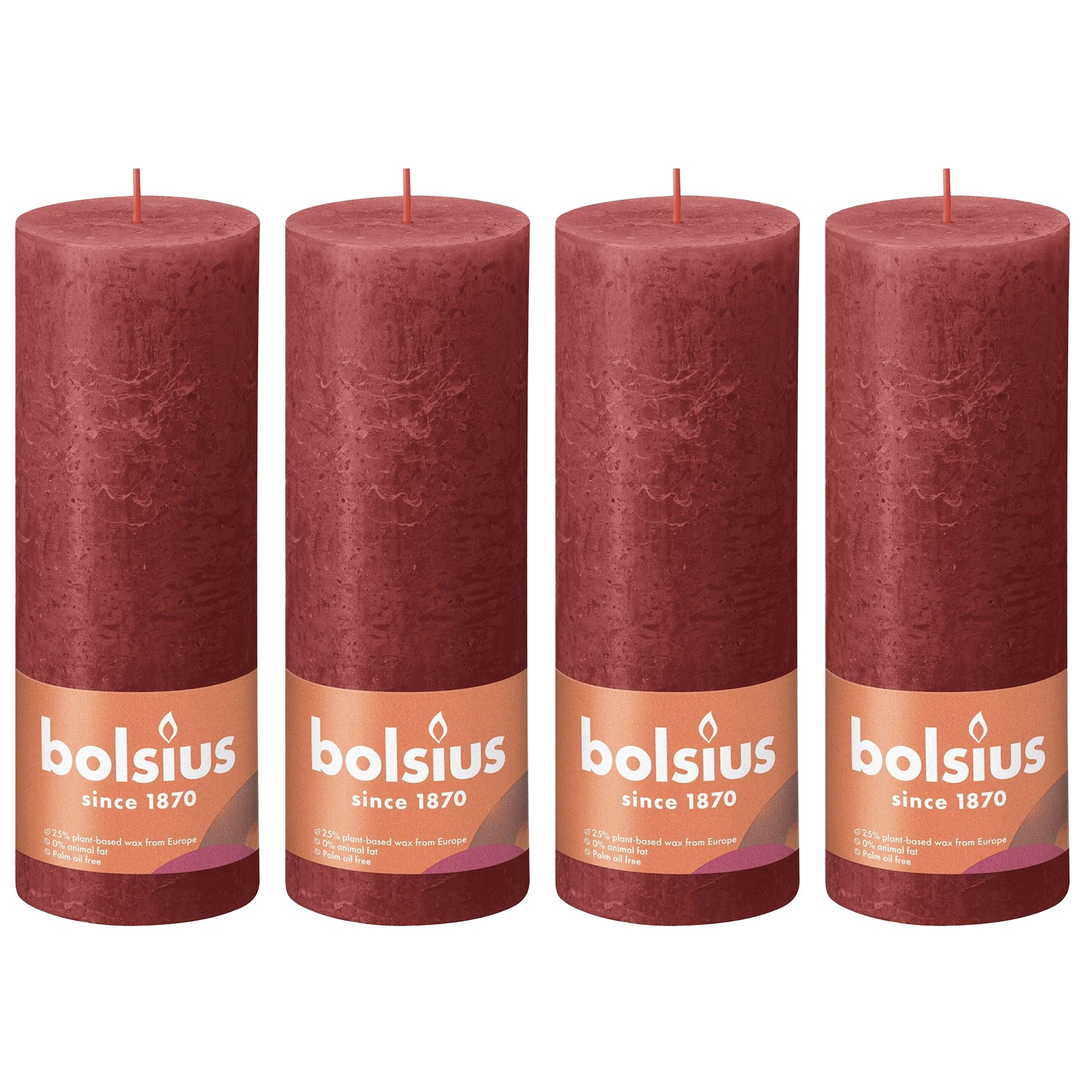 4er-Set Stumpenkerze - Höhe 19 cm - Durchmesser 6,8 cm - Rustik - Zartes Rot
