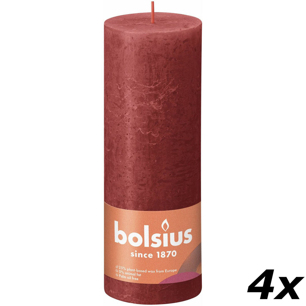 4er-Set Stumpenkerze - Höhe 19 cm - Durchmesser 6,8 cm - Rustik - Zartes Rot
