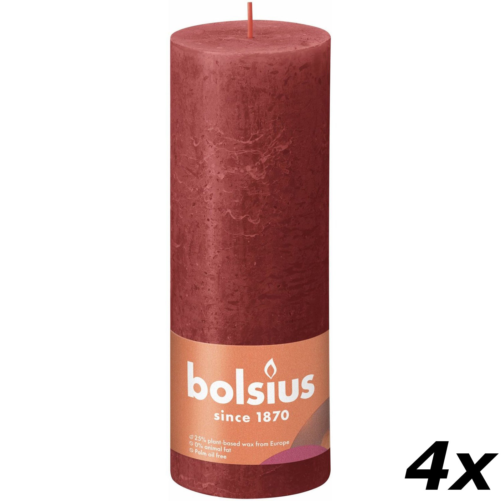 4er-Set Stumpenkerze - Höhe 19 cm - Durchmesser 6,8 cm - Rustik - Zartes Rot