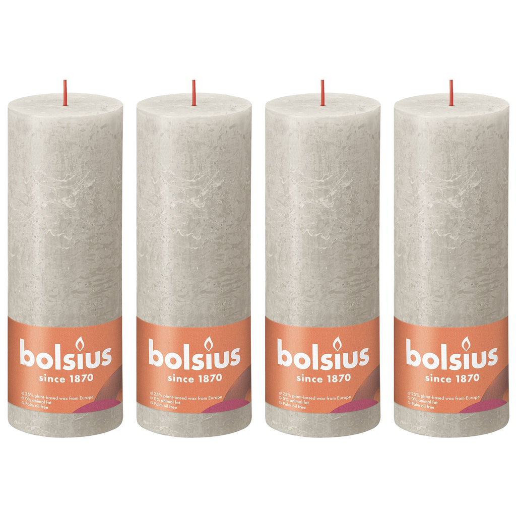 Lot de 4 bougies piliers - Hauteur 19 cm - Diamètre 6,8 cm - Style rustique - Gris sable