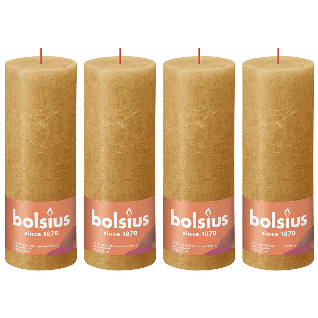 Lot de 4 bougies piliers - Hauteur 19 cm - Diamètre 6,8 cm - Style rustique - Jaune miel
