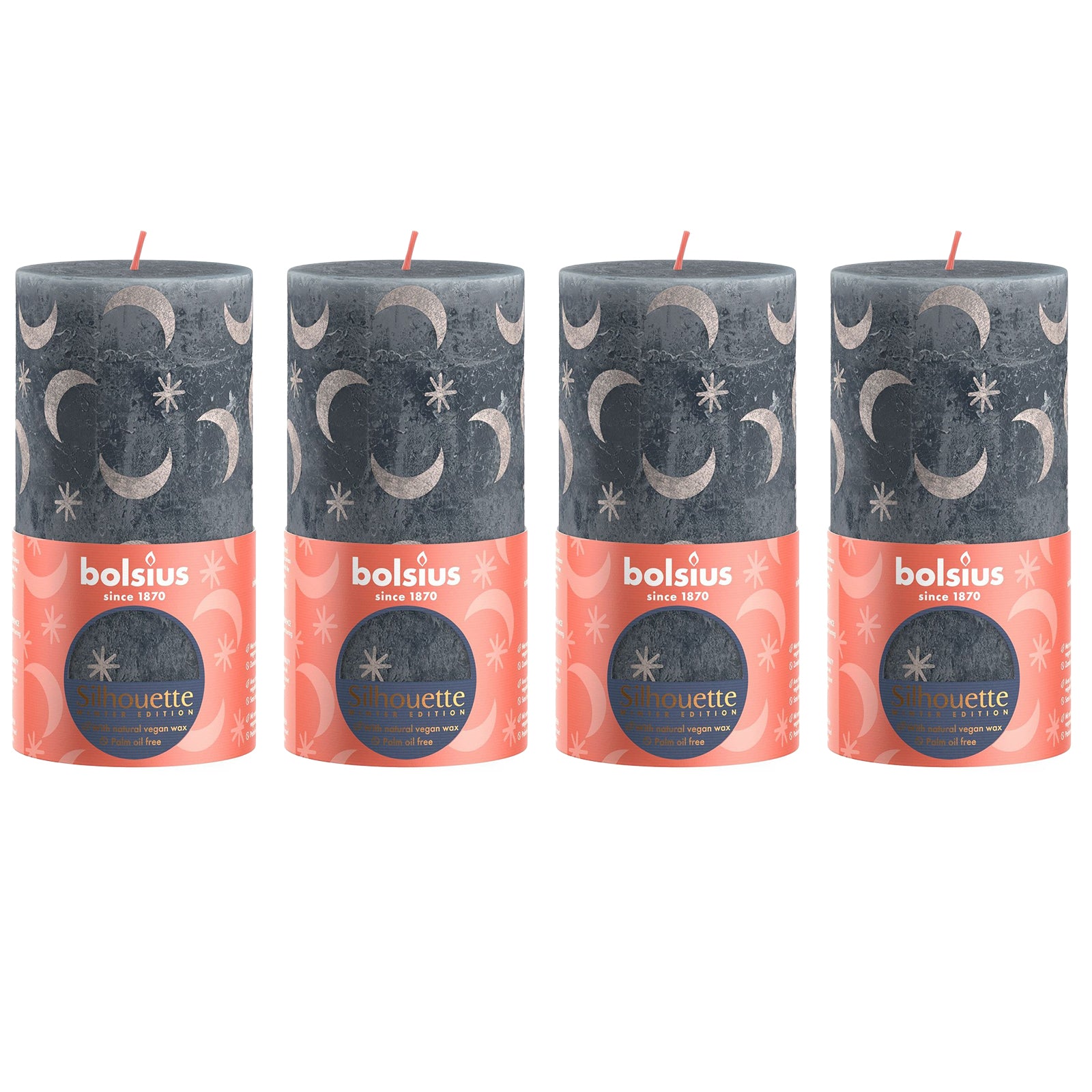 4er-Set Stumpenkerze - Höhe 19 cm - Durchmesser 6,8 cm - Rustik Print - Schieferblau - Mond