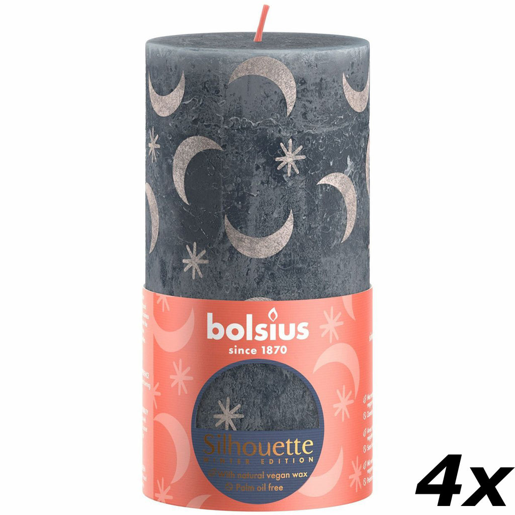 Ensemble de 4 bougies piliers - Hauteur 19 cm - Diamètre 6,8 cm - Motif rustique - Bleu ardoise - Lune