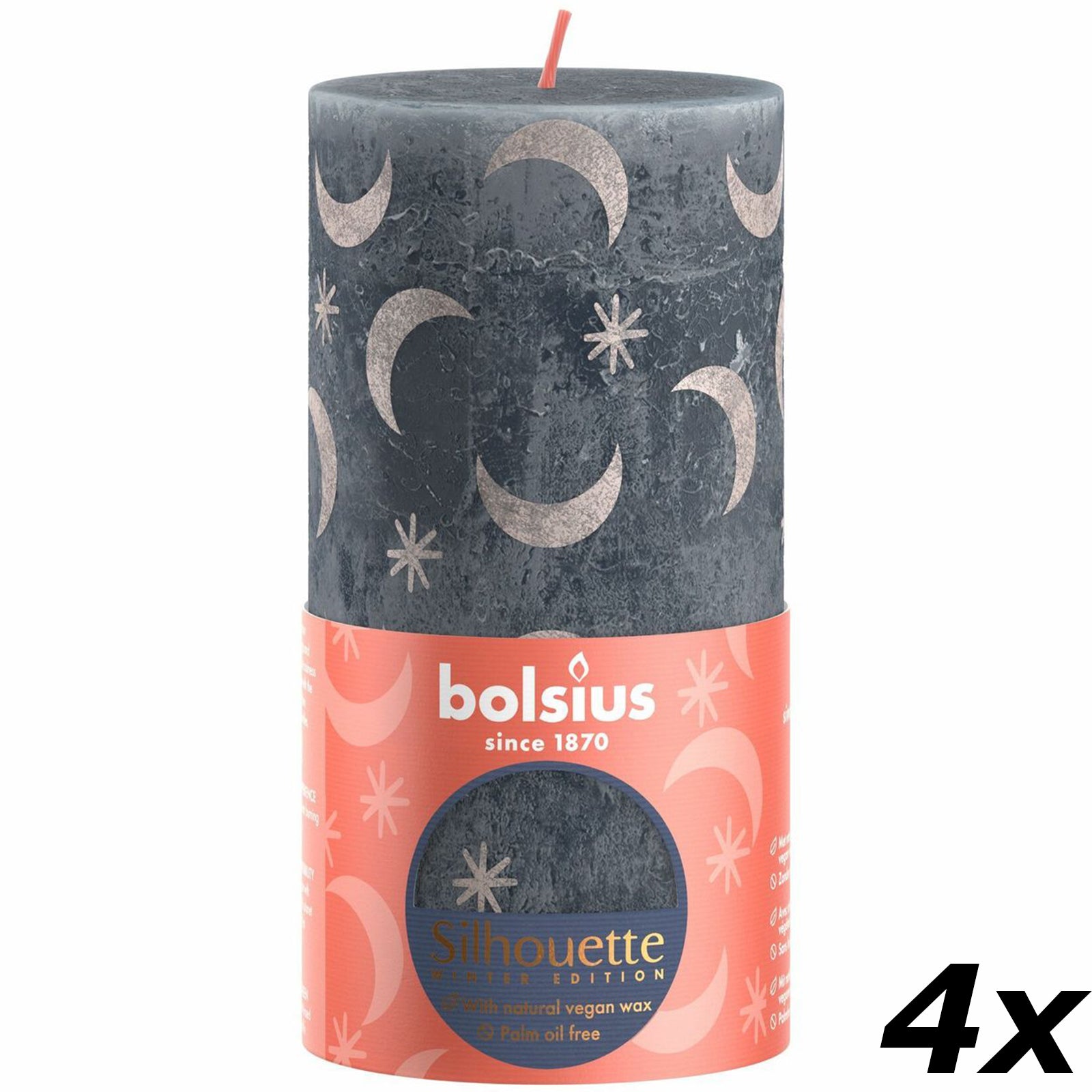 Ensemble de 4 bougies piliers - Hauteur 19 cm - Diamètre 6,8 cm - Motif rustique - Bleu ardoise - Lune