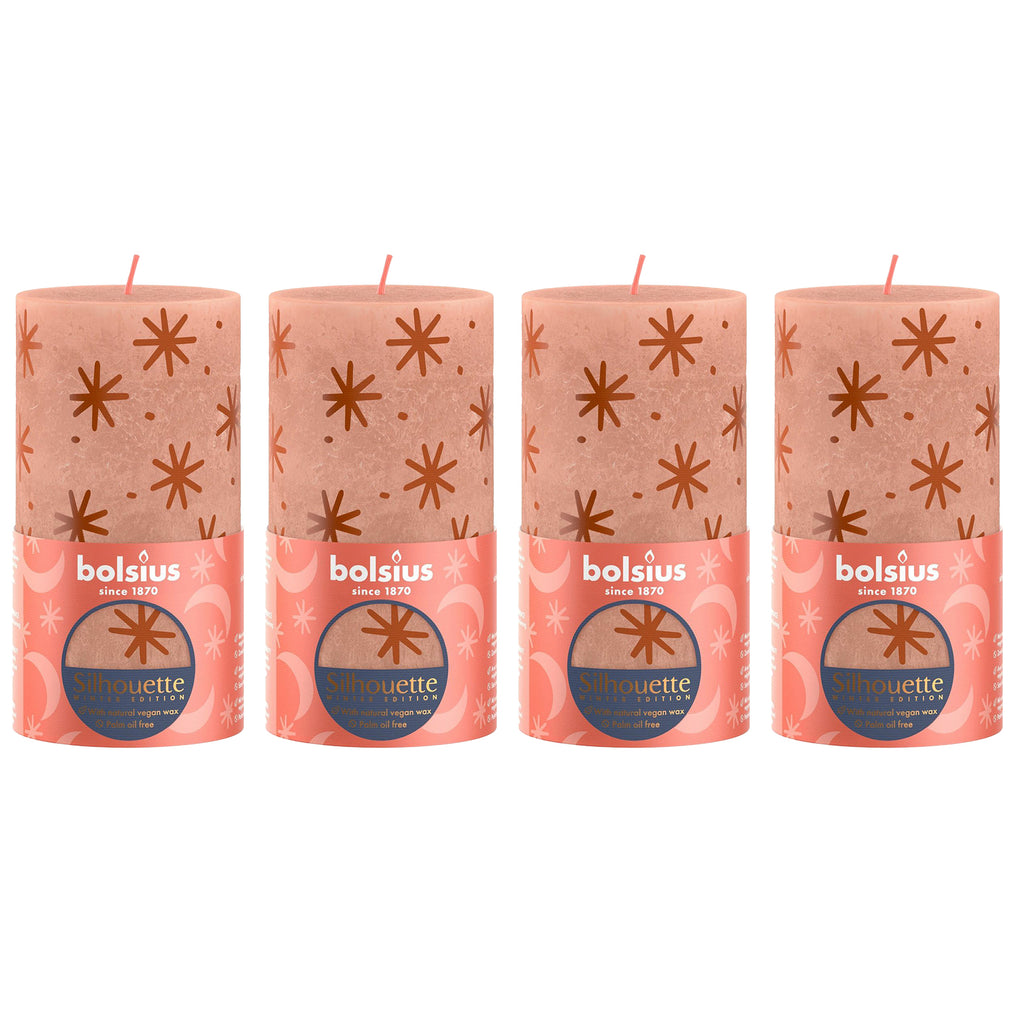 4er-Set Stumpenkerze - Höhe 13 cm - Durchmesser 6,8 cm - Rustik Print - Cremiges Caramel - Sterne