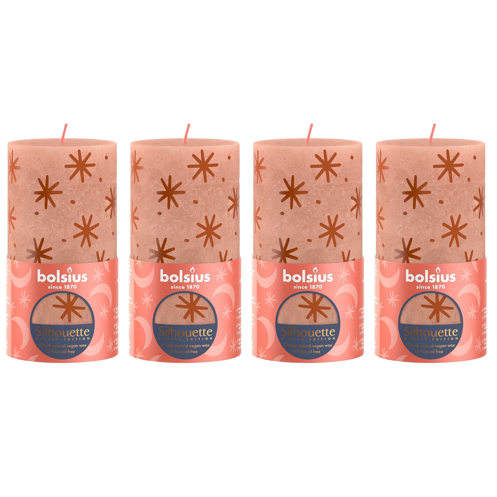 4er-Set Stumpenkerze - Höhe 13 cm - Durchmesser 6,8 cm - Rustik Print - Cremiges Caramel - Sterne