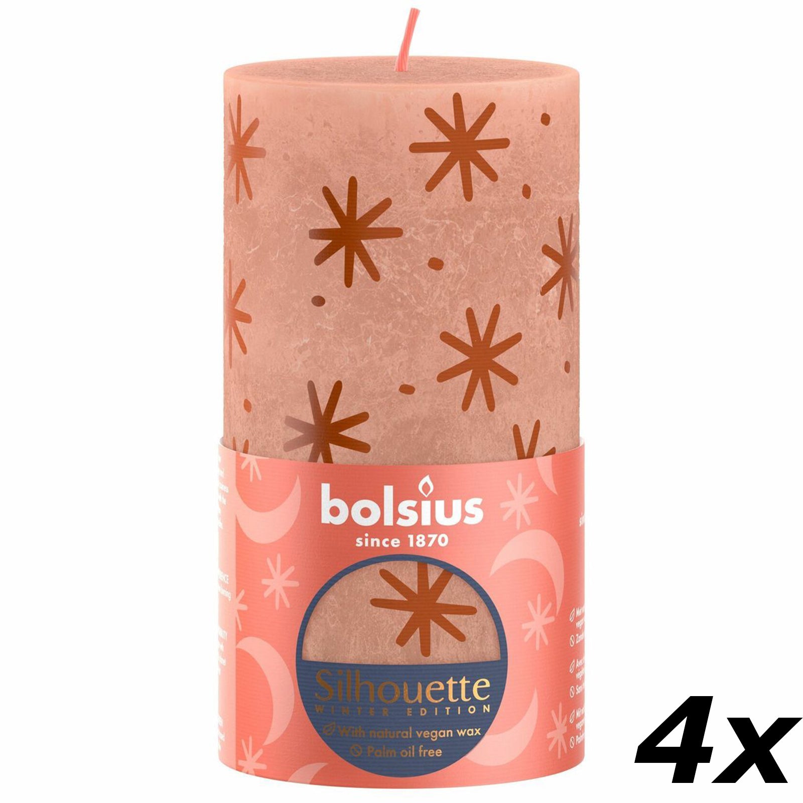 4er-Set Stumpenkerze - Höhe 13 cm - Durchmesser 6,8 cm - Rustik Print - Cremiges Caramel - Sterne