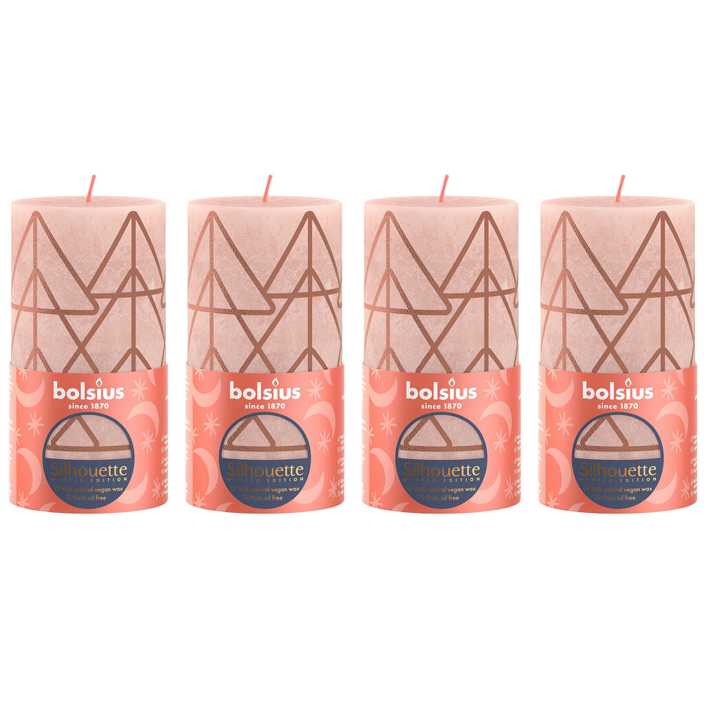 Set of 4 pillar candles - Height 13 cm - Diameter 6.8 cm - Rustic print - Misty pink - Tree