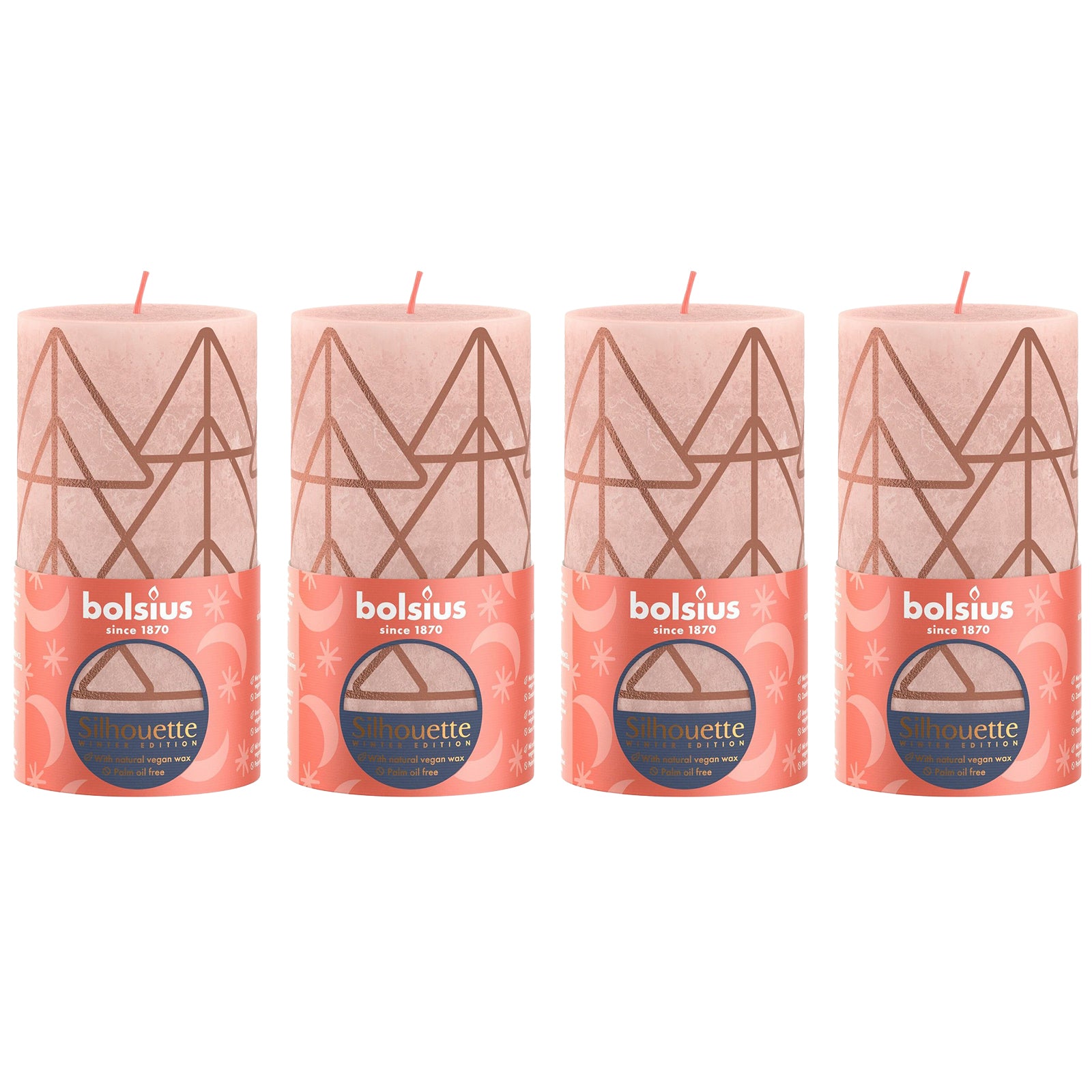 Set of 4 pillar candles - Height 13 cm - Diameter 6.8 cm - Rustic print - Misty pink - Tree
