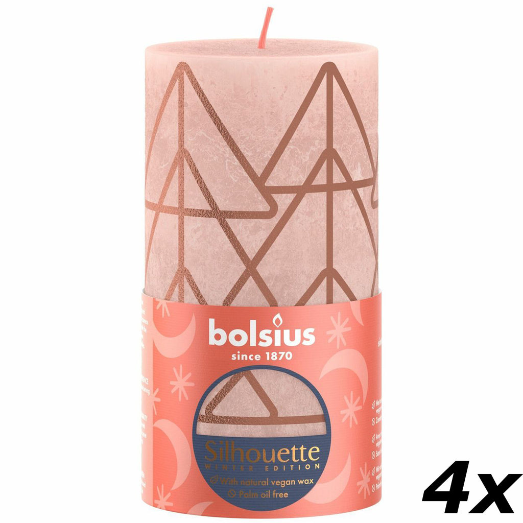 4er-Set Stumpenkerze - Höhe 13 cm - Durchmesser 6,8 cm - Rustik Print - Nebliges Rosa - Baum