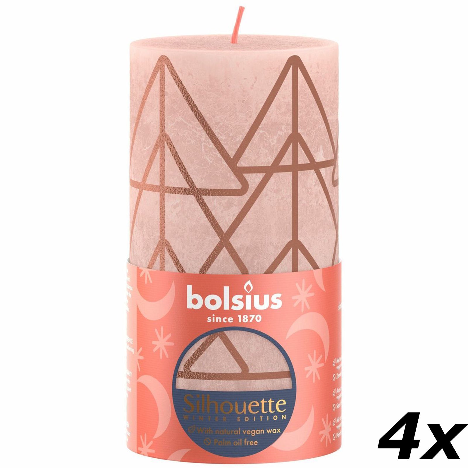 4er-Set Stumpenkerze - Höhe 13 cm - Durchmesser 6,8 cm - Rustik Print - Nebliges Rosa - Baum