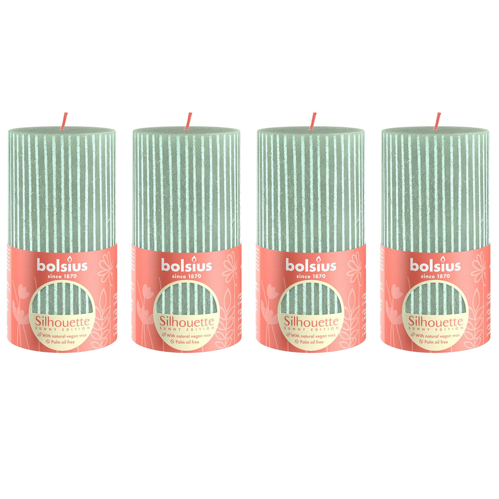 Ensemble de 4 bougies piliers - Hauteur 13 cm - Diamètre 6,8 cm - Motif rustique - Vert jade - Vague