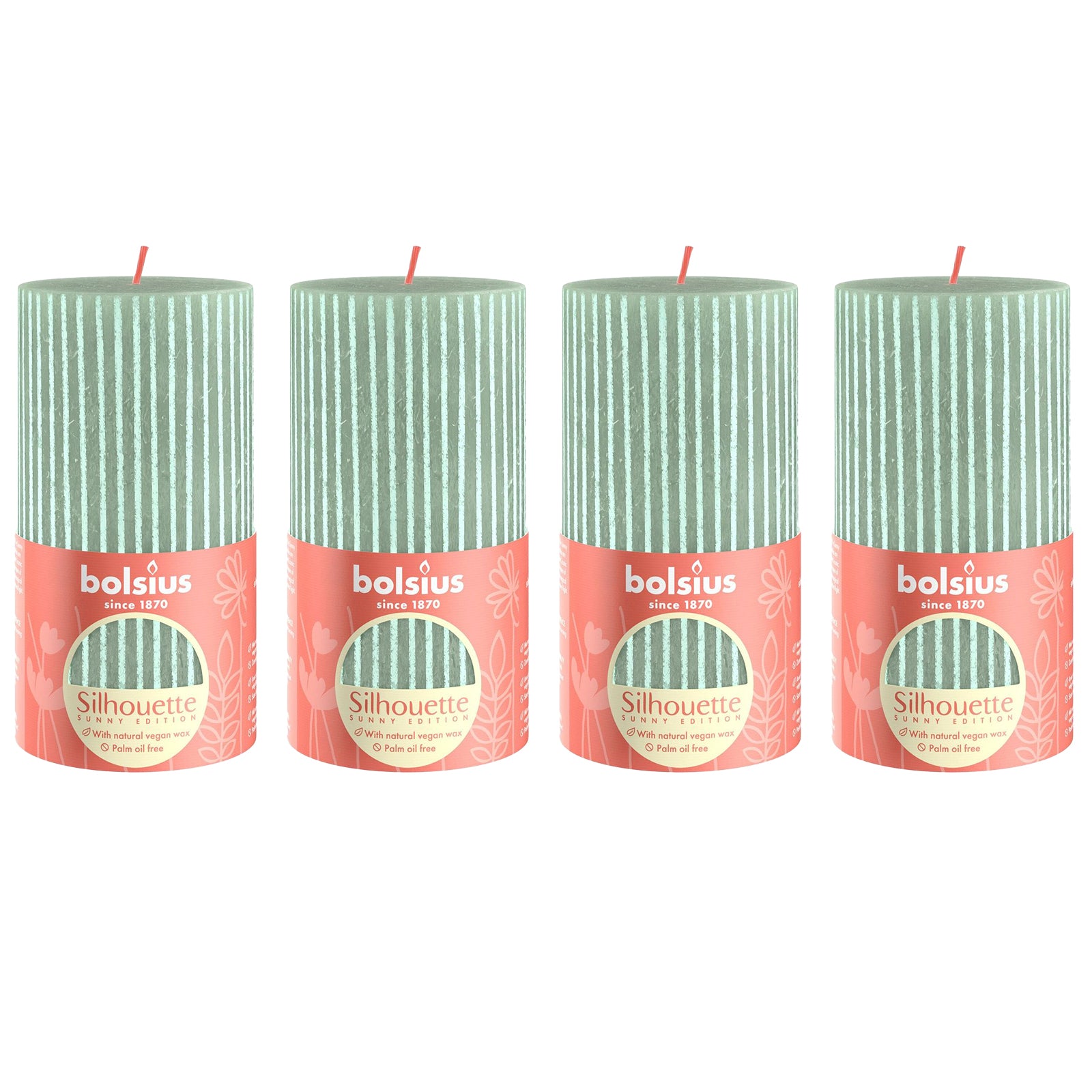 Ensemble de 4 bougies piliers - Hauteur 13 cm - Diamètre 6,8 cm - Motif rustique - Vert jade - Vague