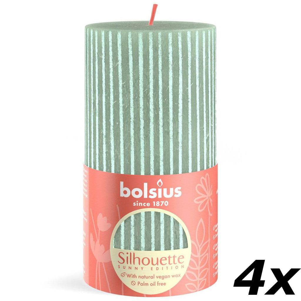 Ensemble de 4 bougies piliers - Hauteur 13 cm - Diamètre 6,8 cm - Motif rustique - Vert jade - Vague