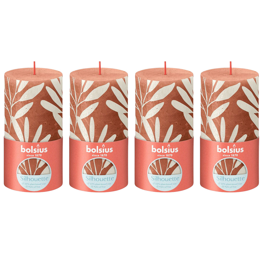 4er-Set Stumpenkerze - Höhe 13 cm - Durchmesser 6,8 cm - Rustik Print - Rostiges Rosa - Salbei