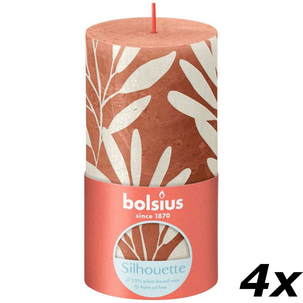 4er-Set Stumpenkerze - Höhe 13 cm - Durchmesser 6,8 cm - Rustik Print - Rostiges Rosa - Salbei