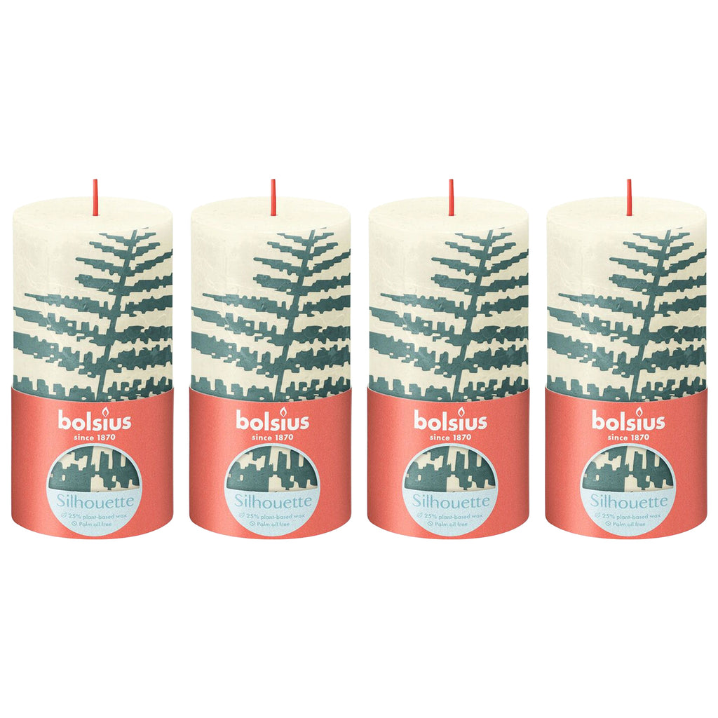 4er-Set Stumpenkerze - Höhe 13 cm - Durchmesser 6,8 cm - Rustik Print - Weiche Perle - Farn