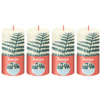 4er-Set Stumpenkerze - Höhe 13 cm - Durchmesser 6,8 cm - Rustik Print - Weiche Perle - Farn