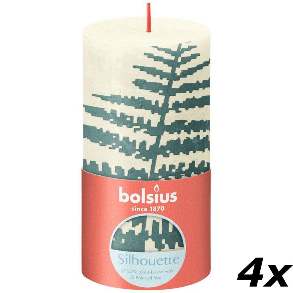 4er-Set Stumpenkerze - Höhe 13 cm - Durchmesser 6,8 cm - Rustik Print - Weiche Perle - Farn