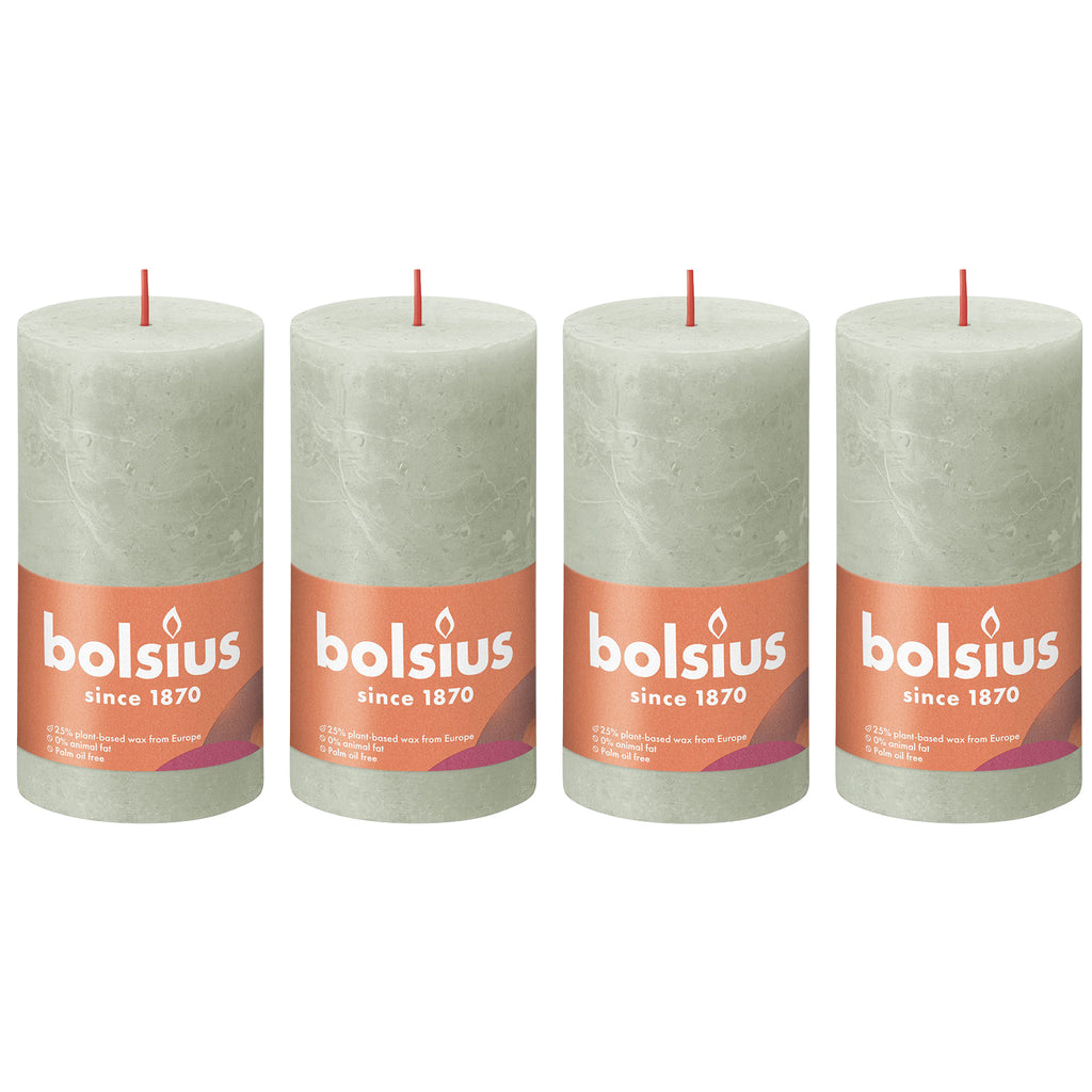 Lot de 4 bougies piliers - Hauteur 13 cm - Diamètre 6,8 cm - Style rustique - Vert brumeux