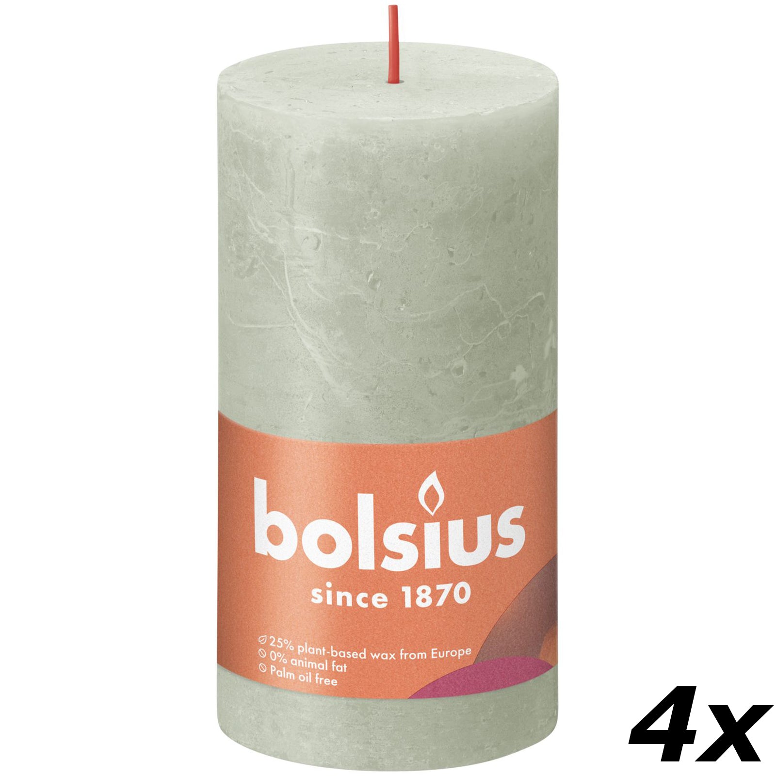 Lot de 4 bougies piliers - Hauteur 13 cm - Diamètre 6,8 cm - Style rustique - Vert brumeux