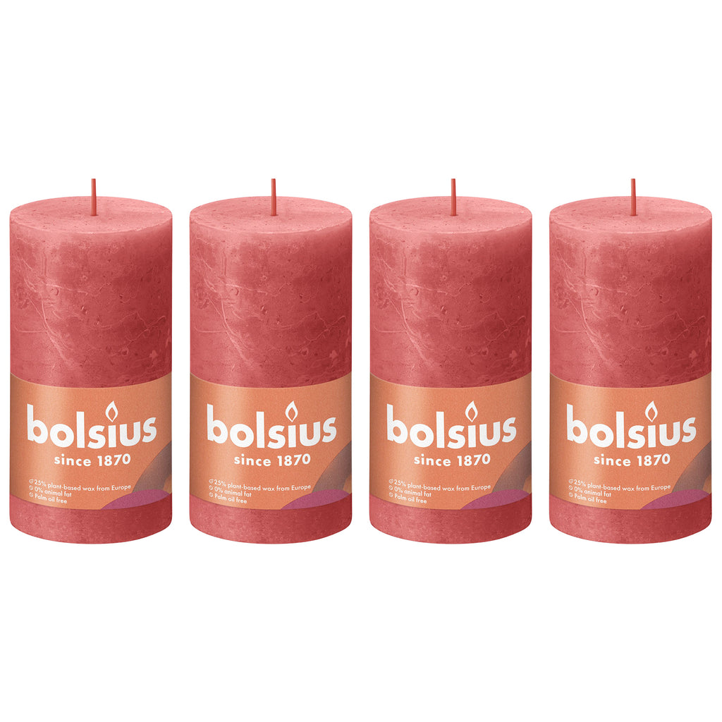 4er-Set Stumpenkerze - Höhe 13 cm - Durchmesser 6,8 cm - Rustik - Rosa Blüte