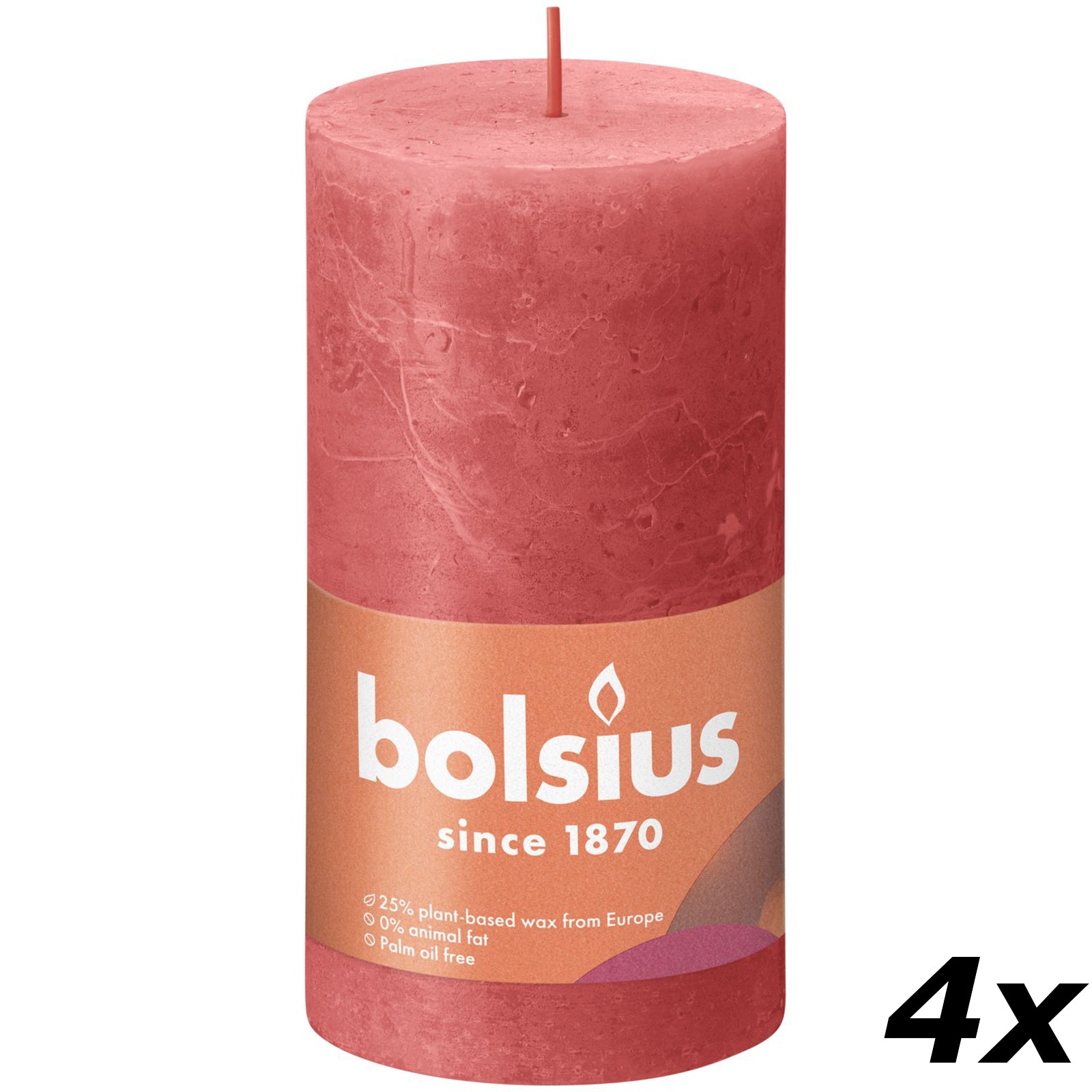 4er-Set Stumpenkerze - Höhe 13 cm - Durchmesser 6,8 cm - Rustik - Rosa Blüte